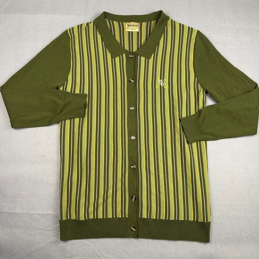 Barstool Golf Cardigan Sweater Mens Large Green Striped Button Front Logo Knit